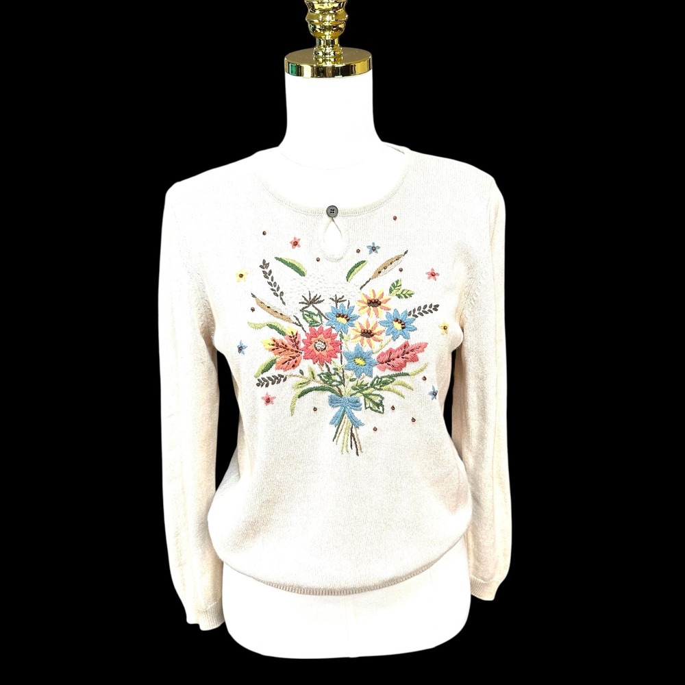 Alfred Dunner Petite Cream Floral Embroidered Beaded Keyhole Sweater PS